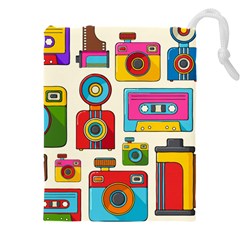 Retro Cameras Audio Cassettes Hand Drawn Pop Art Style Seamless Pattern Drawstring Pouch (5xl) by Vaneshart