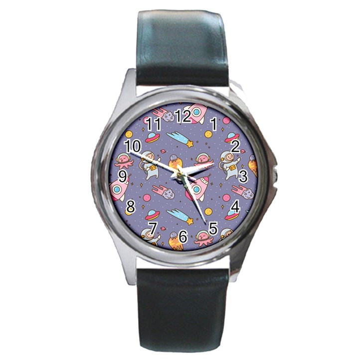 Outer Space Seamless Background Round Metal Watch