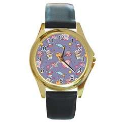 Outer Space Seamless Background Round Gold Metal Watch