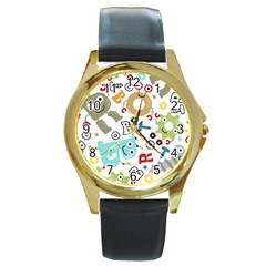 Seamless Pattern Vector With Funny Robots Cartoon Round Gold Metal Watch