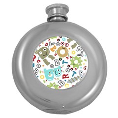 Seamless Pattern Vector With Funny Robots Cartoon Round Hip Flask (5 Oz) by Vaneshart