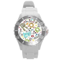 Seamless Pattern Vector With Funny Robots Cartoon Round Plastic Sport Watch (l) by Vaneshart