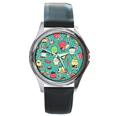 Seamless Pattern With Funny Monsters Cartoon Hand Drawn Characters Unusual Creatures Round Metal Watch by Vaneshart