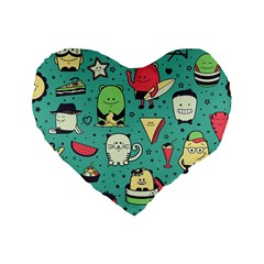 Seamless Pattern With Funny Monsters Cartoon Hand Drawn Characters Unusual Creatures Standard 16  Premium Heart Shape Cushions by Vaneshart