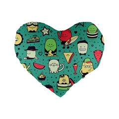 Seamless Pattern With Funny Monsters Cartoon Hand Drawn Characters Unusual Creatures Standard 16  Premium Flano Heart Shape Cushions by Vaneshart