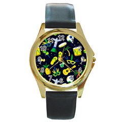 Seamless Brazilian Carnival Pattern With Musical Instruments Round Gold Metal Watch by Vaneshart