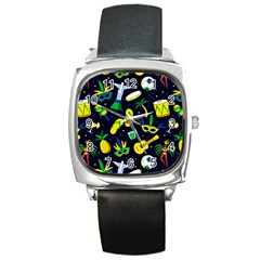 Seamless Brazilian Carnival Pattern With Musical Instruments Square Metal Watch by Vaneshart