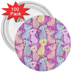 Colorful Cute Cat Seamless Pattern Purple Background 3  Buttons (100 Pack)  by Vaneshart