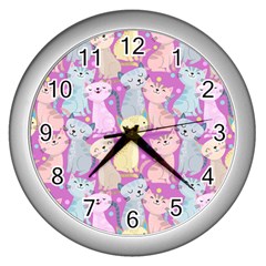 Colorful Cute Cat Seamless Pattern Purple Background Wall Clock (silver) by Vaneshart