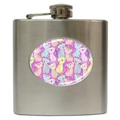 Colorful Cute Cat Seamless Pattern Purple Background Hip Flask (6 Oz) by Vaneshart