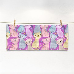 Colorful Cute Cat Seamless Pattern Purple Background Hand Towel by Vaneshart