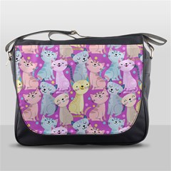 Colorful Cute Cat Seamless Pattern Purple Background Messenger Bag by Vaneshart