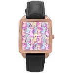 Colorful Cute Cat Seamless Pattern Purple Background Rose Gold Leather Watch  Front