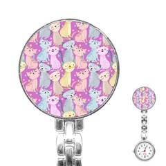 Colorful Cute Cat Seamless Pattern Purple Background Stainless Steel Nurses Watch by Vaneshart