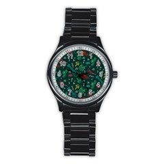 Guitars Musical Notes Seamless Carnival Pattern Stainless Steel Round Watch by Vaneshart