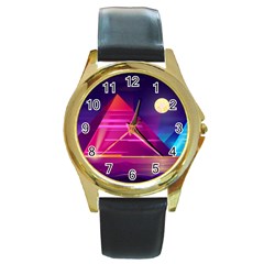 Egyptian Pyramids Night Landscape Cartoon Round Gold Metal Watch by Vaneshart