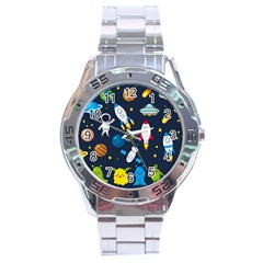 Big Set Cute Astronauts Space Planets Stars Aliens Rockets Ufo Constellations Satellite Moon Rover V Stainless Steel Analogue Watch by Vaneshart