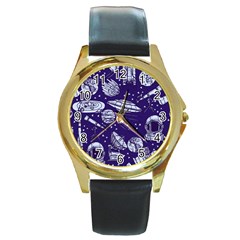 Space Sketch Seamless Pattern Round Gold Metal Watch by Vaneshart