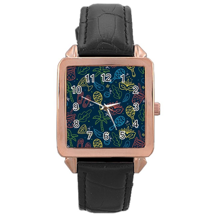 Hand Drawn Brazilian Carnival Seamless Pattern With Maracas Music Instruments Rose Gold Leather Watch 