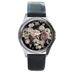 Elegant Seamless Pattern Blush Toned Rustic Flowers Round Metal Watch by Vaneshart