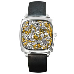 Hand Drawn Vector Illustration Doodle Funny World Square Metal Watch