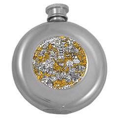 Hand Drawn Vector Illustration Doodle Funny World Round Hip Flask (5 Oz) by Vaneshart