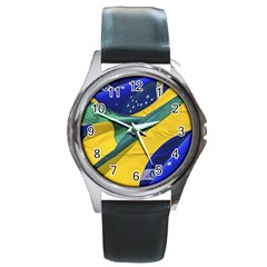 Brazil Flags Waving Background Round Metal Watch by dflcprintsclothing