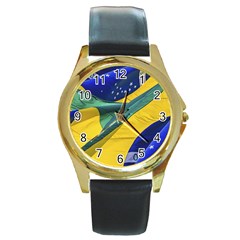 Brazil Flags Waving Background Round Gold Metal Watch by dflcprintsclothing