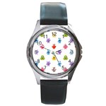 Seamless Pattern Cute Funny Monster Cartoon Isolated White Background Round Metal Watch Front