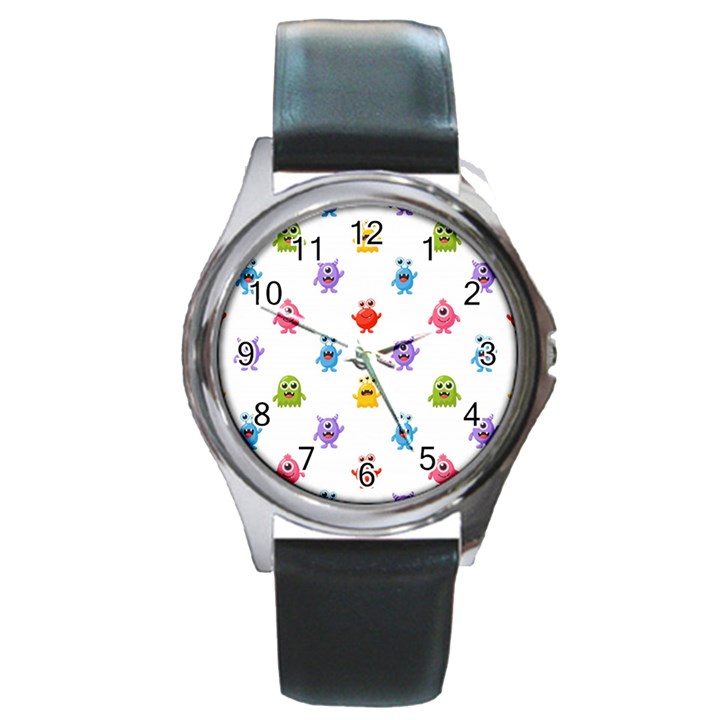 Seamless Pattern Cute Funny Monster Cartoon Isolated White Background Round Metal Watch