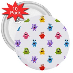 Seamless Pattern Cute Funny Monster Cartoon Isolated White Background 3  Buttons (10 Pack)  by Vaneshart