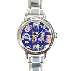 Hand Drawn Cute Sloth Pattern Background Round Italian Charm Watch by Vaneshart