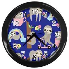 Hand Drawn Cute Sloth Pattern Background Wall Clock (black) by Vaneshart