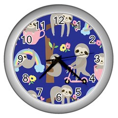 Hand Drawn Cute Sloth Pattern Background Wall Clock (silver) by Vaneshart