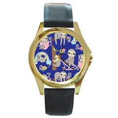 Hand Drawn Cute Sloth Pattern Background Round Gold Metal Watch by Vaneshart