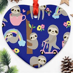 Hand Drawn Cute Sloth Pattern Background Heart Ornament (two Sides) by Vaneshart