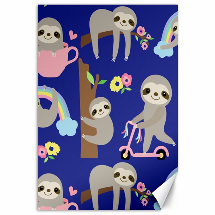 Hand Drawn Cute Sloth Pattern Background Canvas 12  x 18 