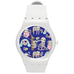 Hand Drawn Cute Sloth Pattern Background Round Plastic Sport Watch (m) by Vaneshart