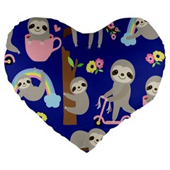 Hand Drawn Cute Sloth Pattern Background Large 19  Premium Flano Heart Shape Cushions by Vaneshart