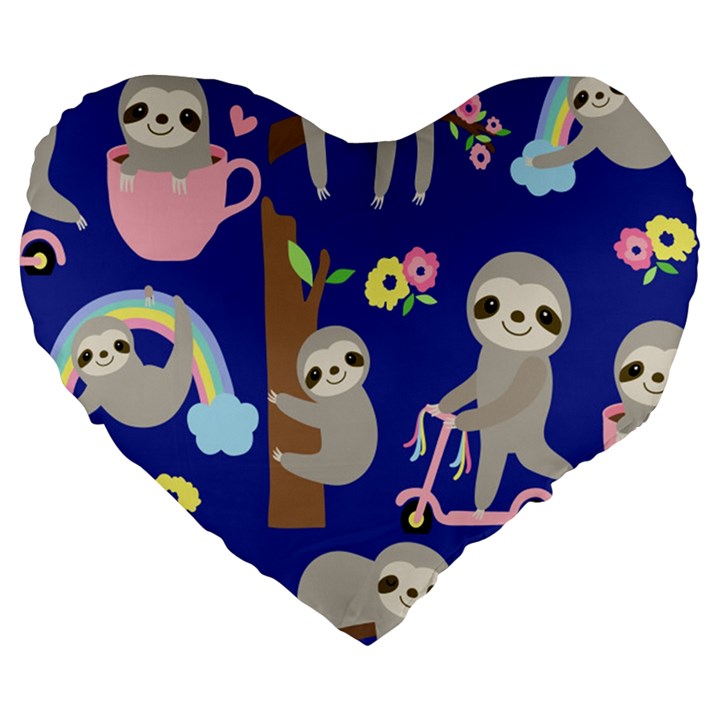 Hand Drawn Cute Sloth Pattern Background Large 19  Premium Flano Heart Shape Cushions