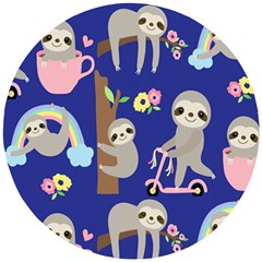 Hand Drawn Cute Sloth Pattern Background Wooden Puzzle Round by Vaneshart