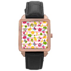 Tropical Fruits Berries Seamless Pattern Rose Gold Leather Watch  by Vaneshart