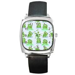 Cute Green Frogs Seamless Pattern Square Metal Watch by Vaneshart