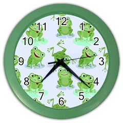 Cute Green Frogs Seamless Pattern Color Wall Clock by Vaneshart