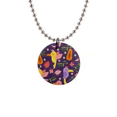 Exotic Seamless Pattern With Parrots Fruits 1  Button Necklace