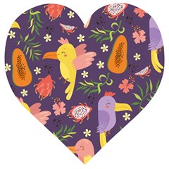 Exotic Seamless Pattern With Parrots Fruits Wooden Puzzle Heart by Vaneshart