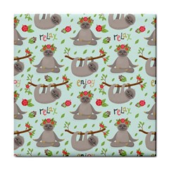 Seamless Pattern With Cute Sloths Relax Enjoy Yoga Tile Coaster by Vaneshart