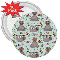 Seamless Pattern With Cute Sloths Relax Enjoy Yoga 3  Buttons (10 Pack)  by Vaneshart