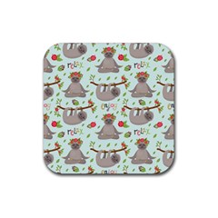 Seamless Pattern With Cute Sloths Relax Enjoy Yoga Rubber Coaster (square)  by Vaneshart