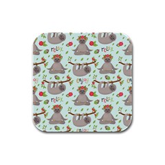 Seamless Pattern With Cute Sloths Relax Enjoy Yoga Rubber Square Coaster (4 Pack)  by Vaneshart